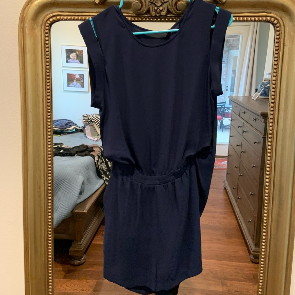 BCBG navy open back romper